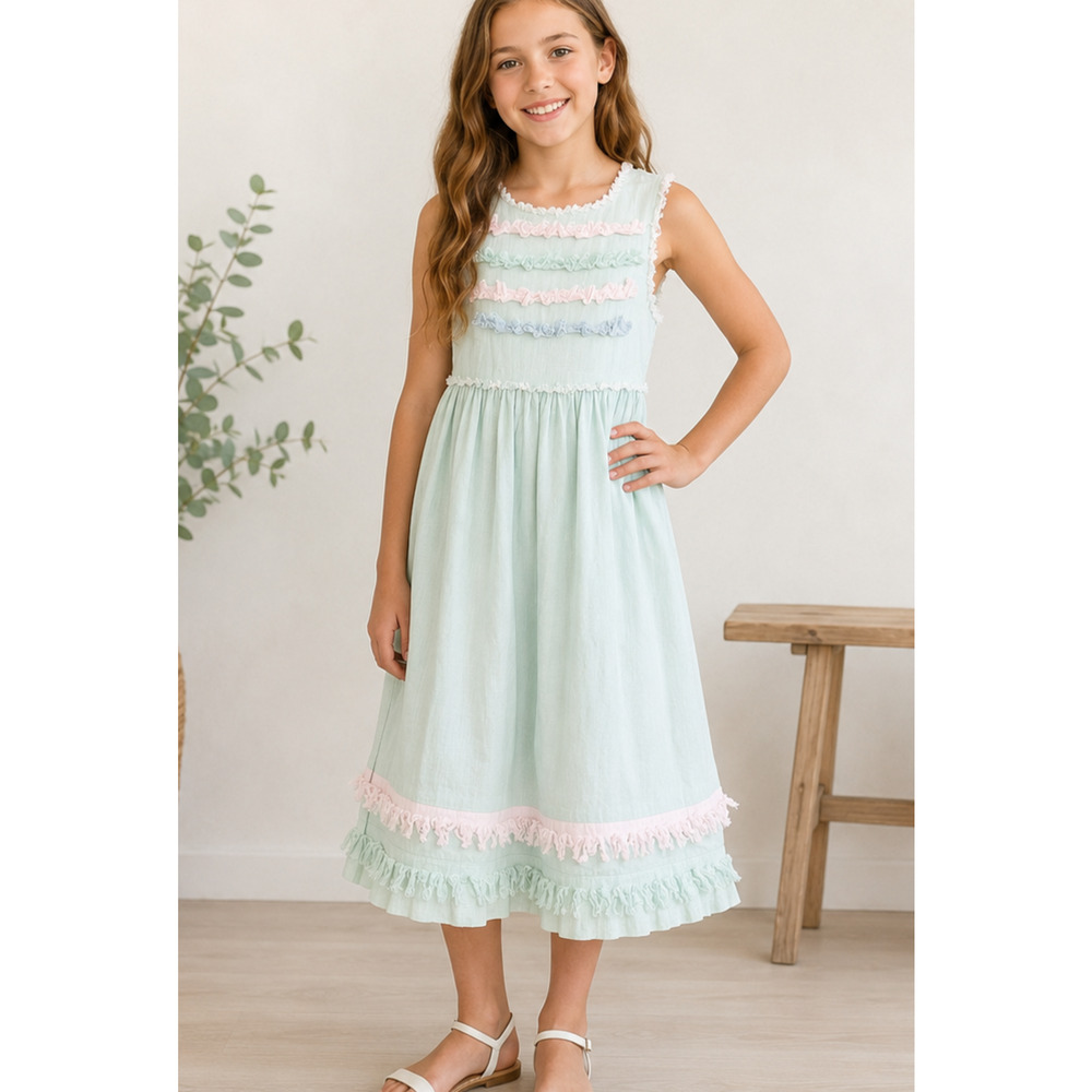 Mint green Prairie dress girls sz 10 pastel‎ ruffles cottagecore midi sleeveless
